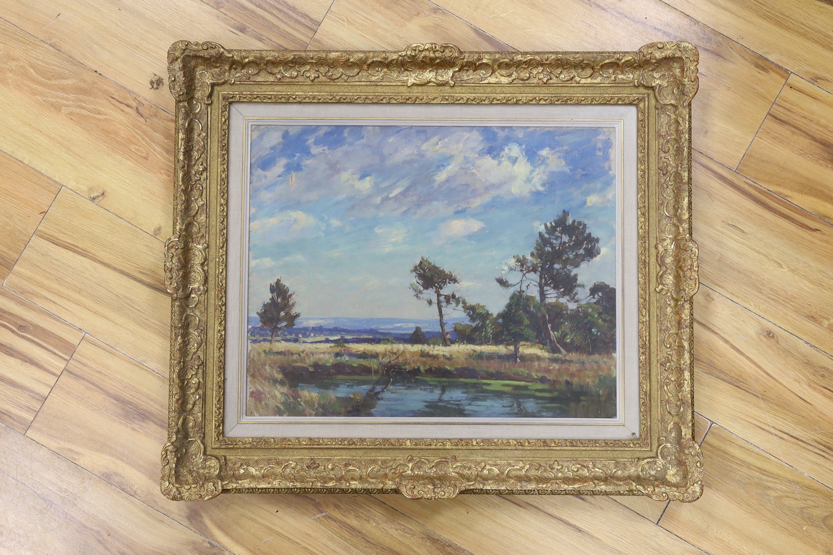 Thomas Todd Blaylock (1876-1929), oil on canvas, Extensive landscape with pine trees, signed, 40 x 50cm